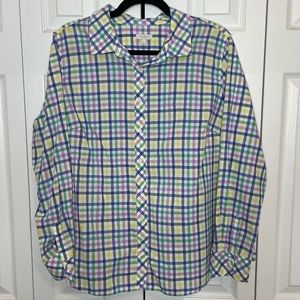 Talbots Button Up Womens 1X Green Purple Blue Yellow White Longsleeve Plaid